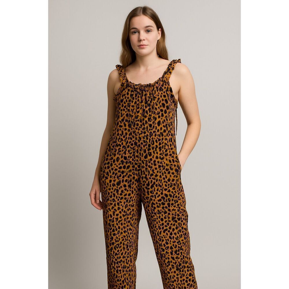 Enfocus Studio Size 12 Women's Leopard Print Jumpsuit Black Gold Boho Chic